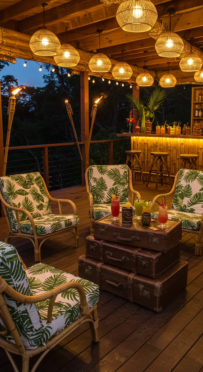 Terrasse tropicale avec fauteuils en rotin, valises vintage et bar en bambou.