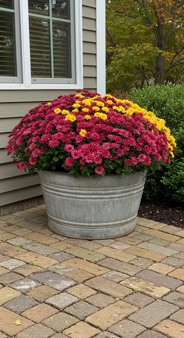 Une grande bassine en zinc remplie de chrysanthèmes rouges et jaunes.