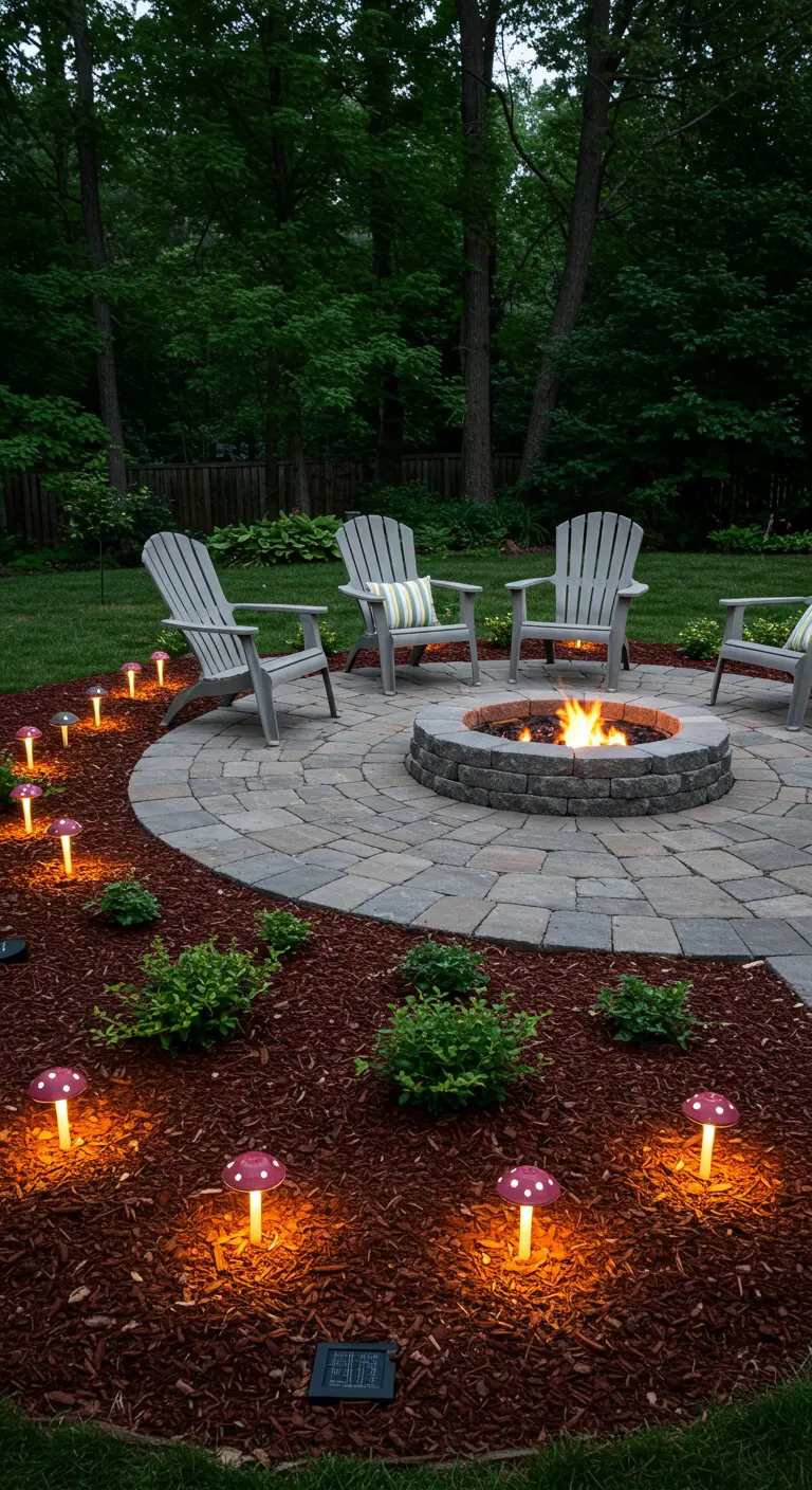 Un foyer extérieur entouré de chaises Adirondack, avec de petites lumières champignons dans le paillis.
