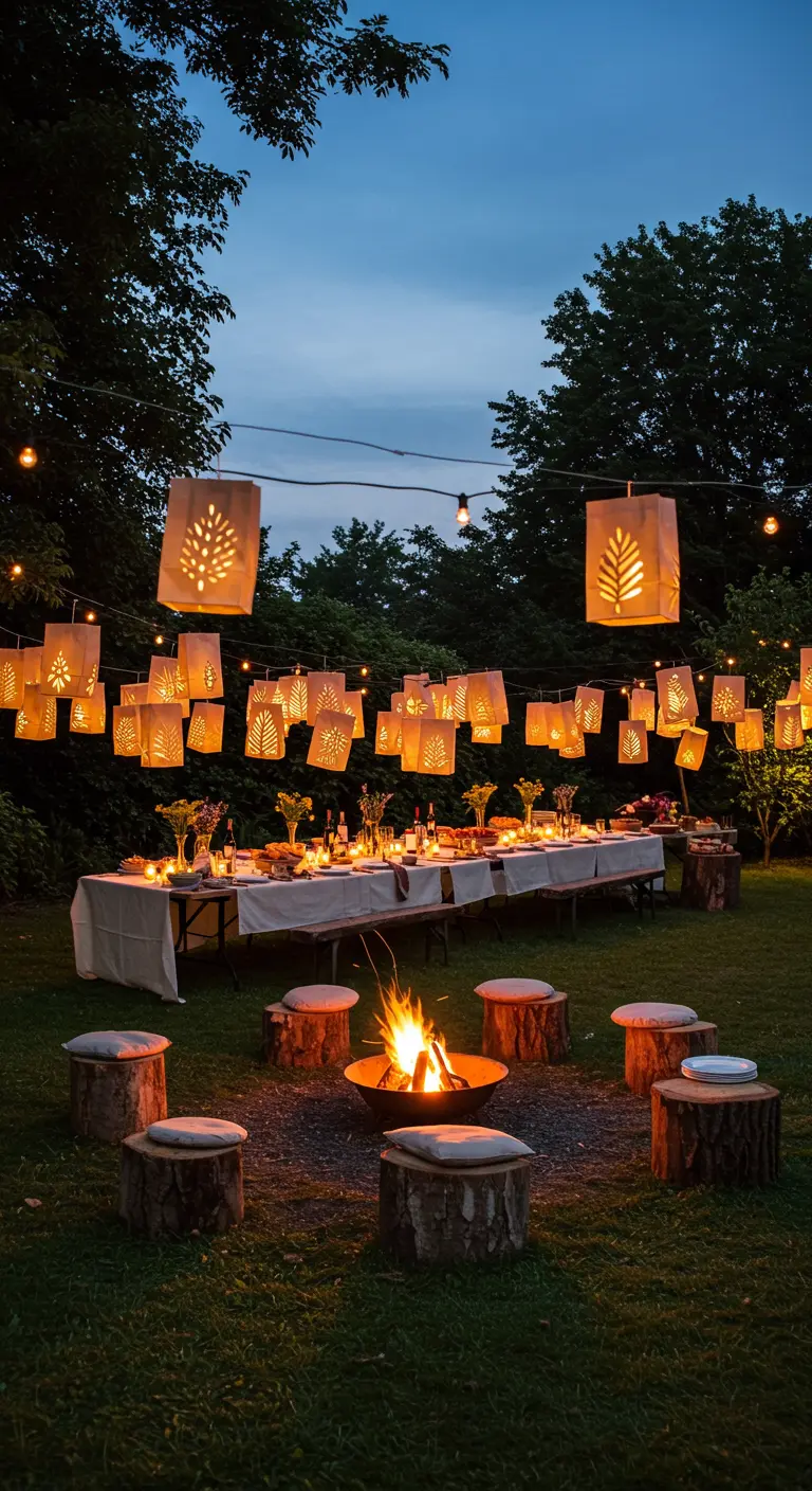 Soirée en plein air avec table de banquet, braséro et lampions en papier suspendus.