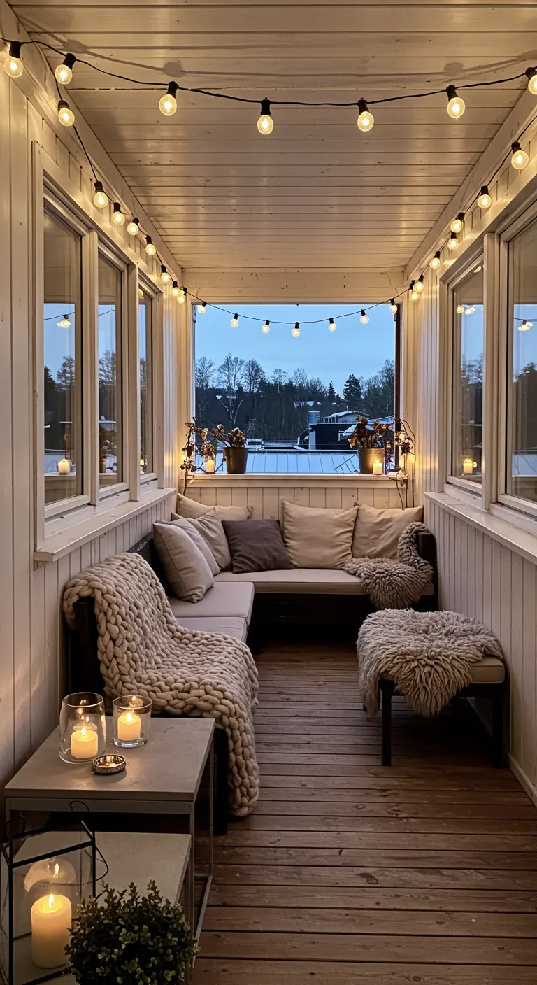 Véranda cosy avec un canapé d'angle, des plaids et des guirlandes lumineuses.
