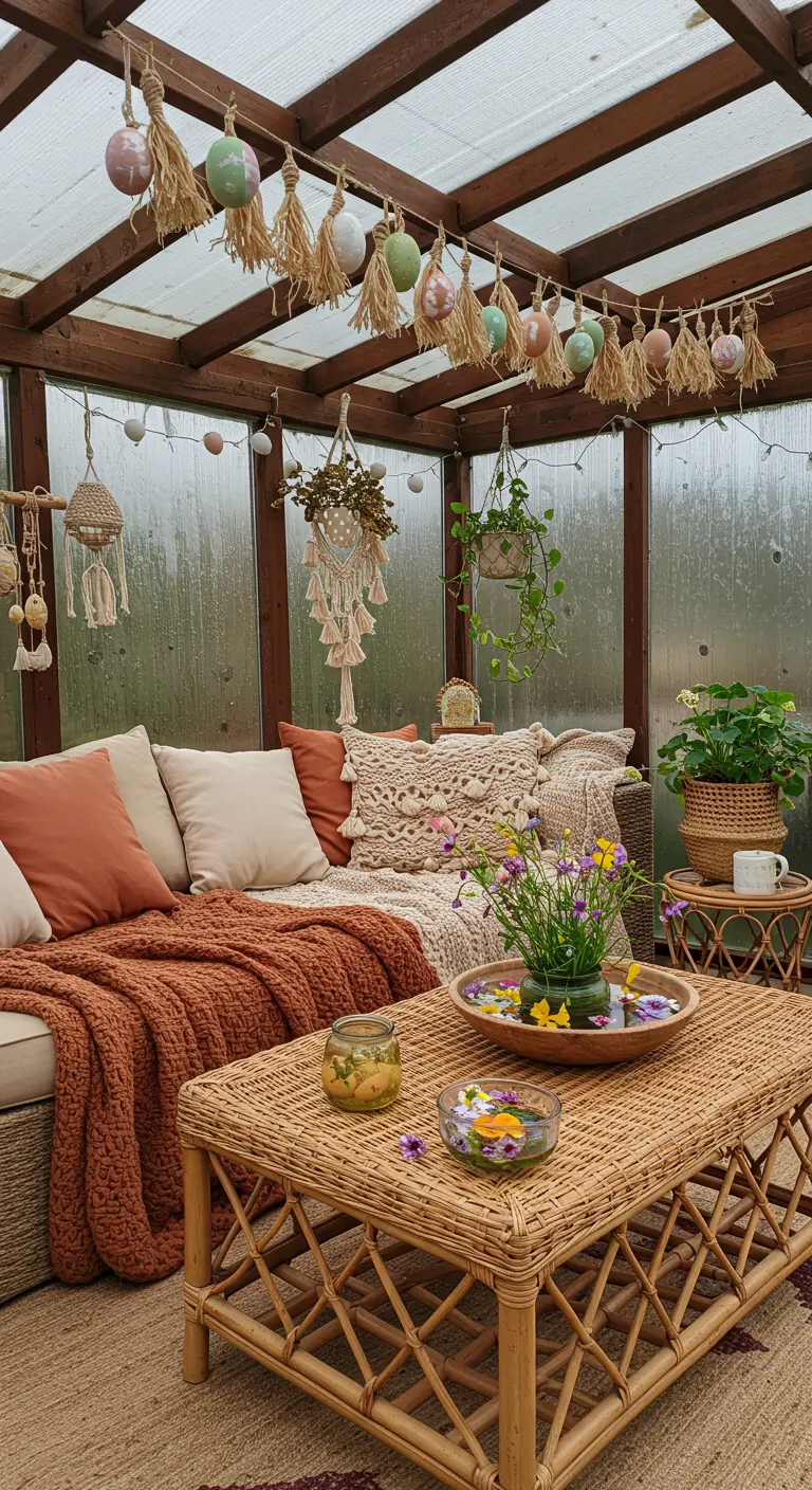 Véranda bohème avec canapé en rotin et guirlandes d'œufs suspendues au plafond.
