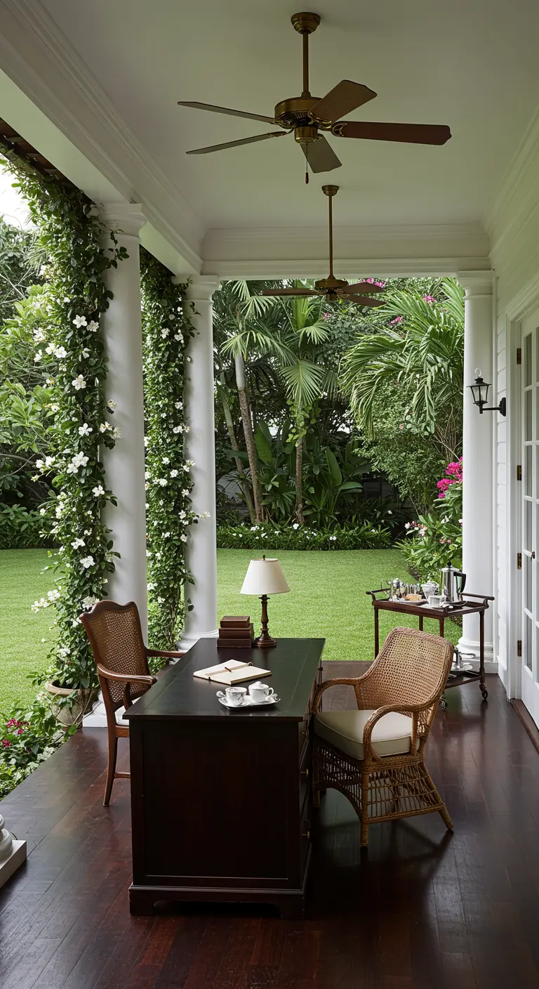 Bureau sous véranda coloniale avec mobilier en bois foncé, chaises en rotin et végétation luxuriante.