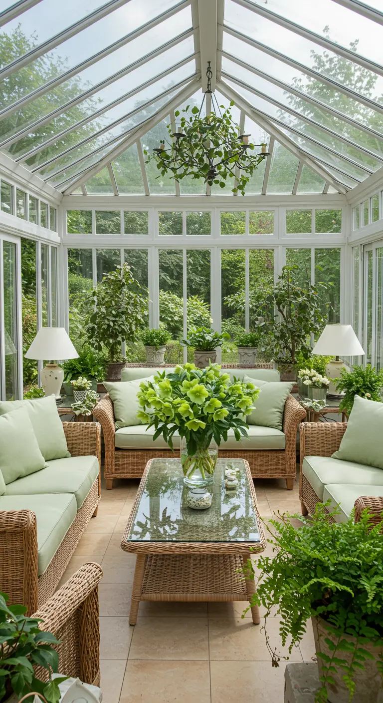 Véranda lumineuse meublée de canapés en rotin et de nombreuses plantes vertes