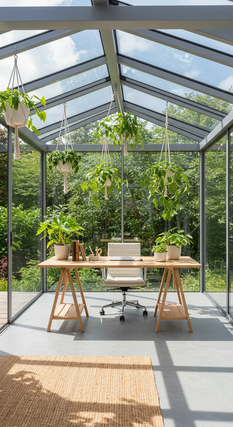 Bureau en bois dans une véranda vitrée, entouré de plantes.