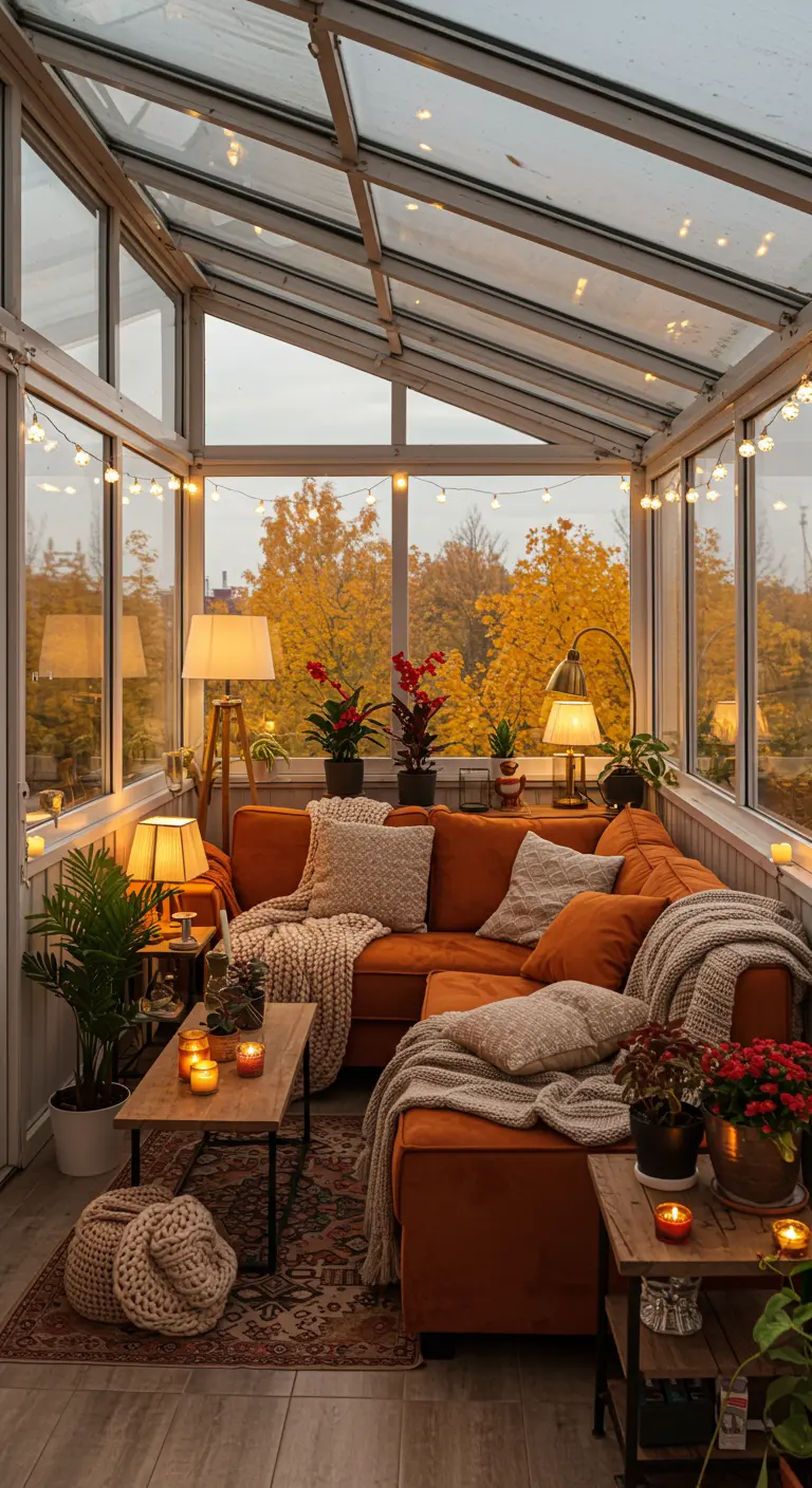 Véranda cosy avec canapé rouille, plaids, lampadaires, lanternes et guirlandes lumineuses, vue sur l'automne.