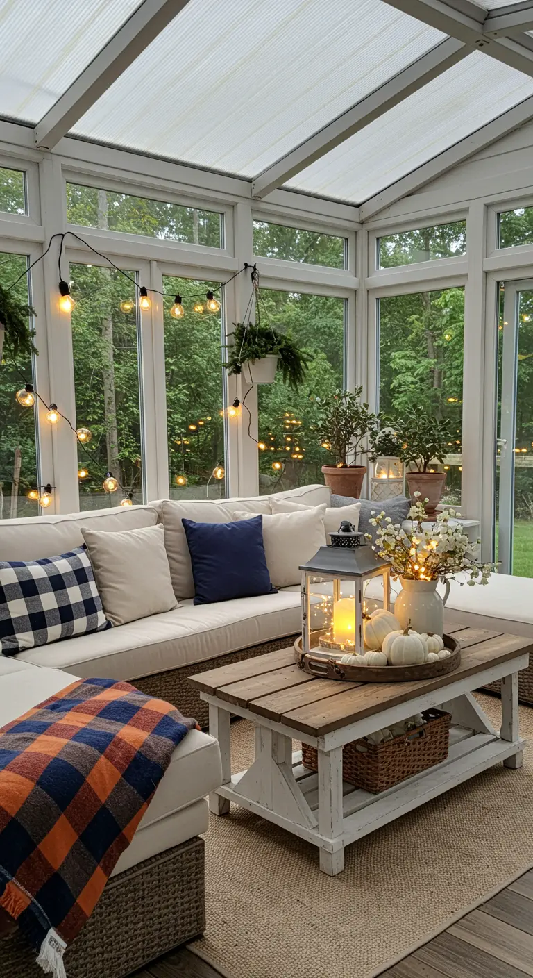 Véranda lumineuse avec grand canapé, plaid à carreaux et guirlandes