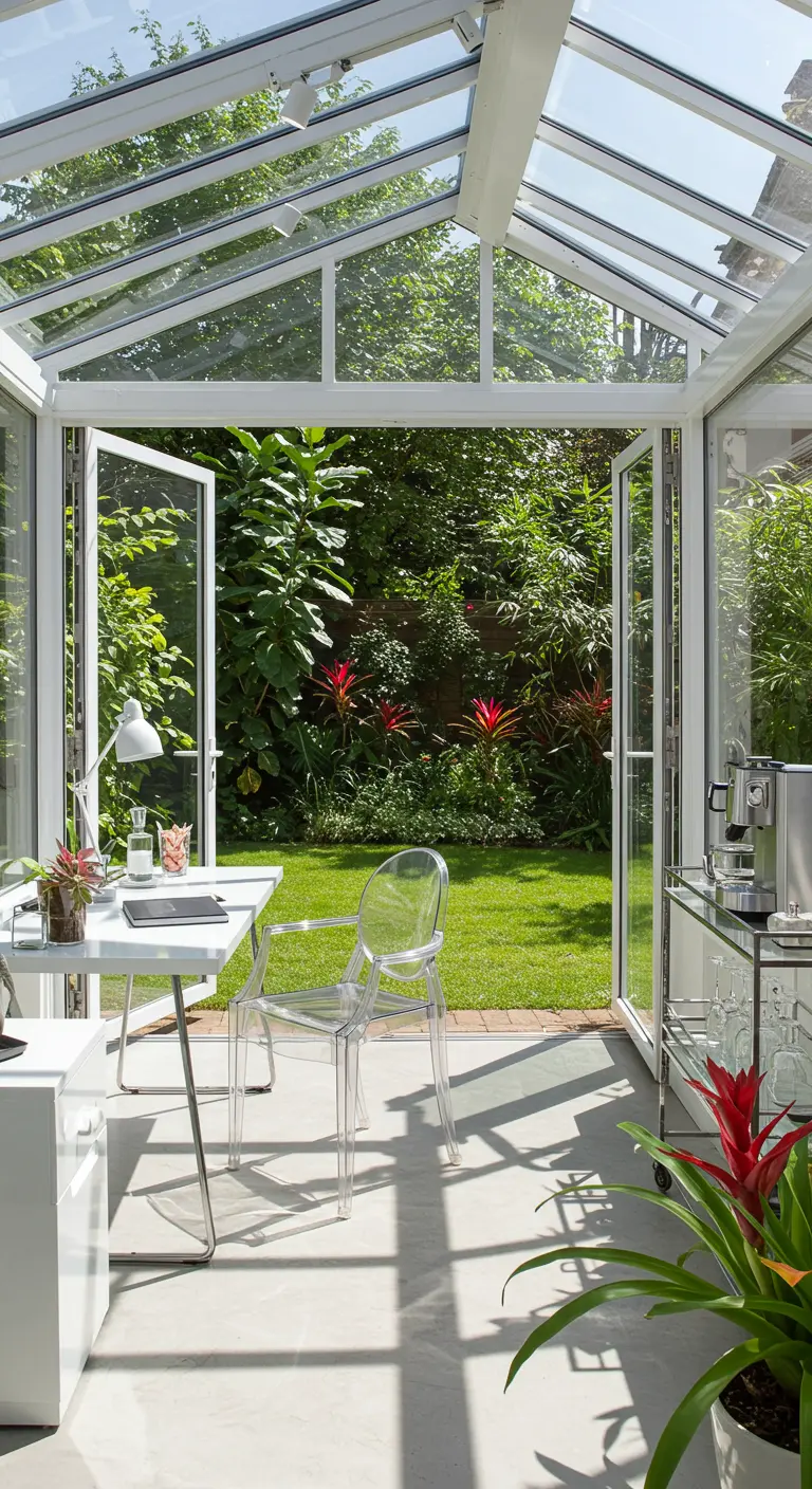 Bureau moderne dans une véranda lumineuse avec mobilier blanc, chaise transparente et vue sur jardin.