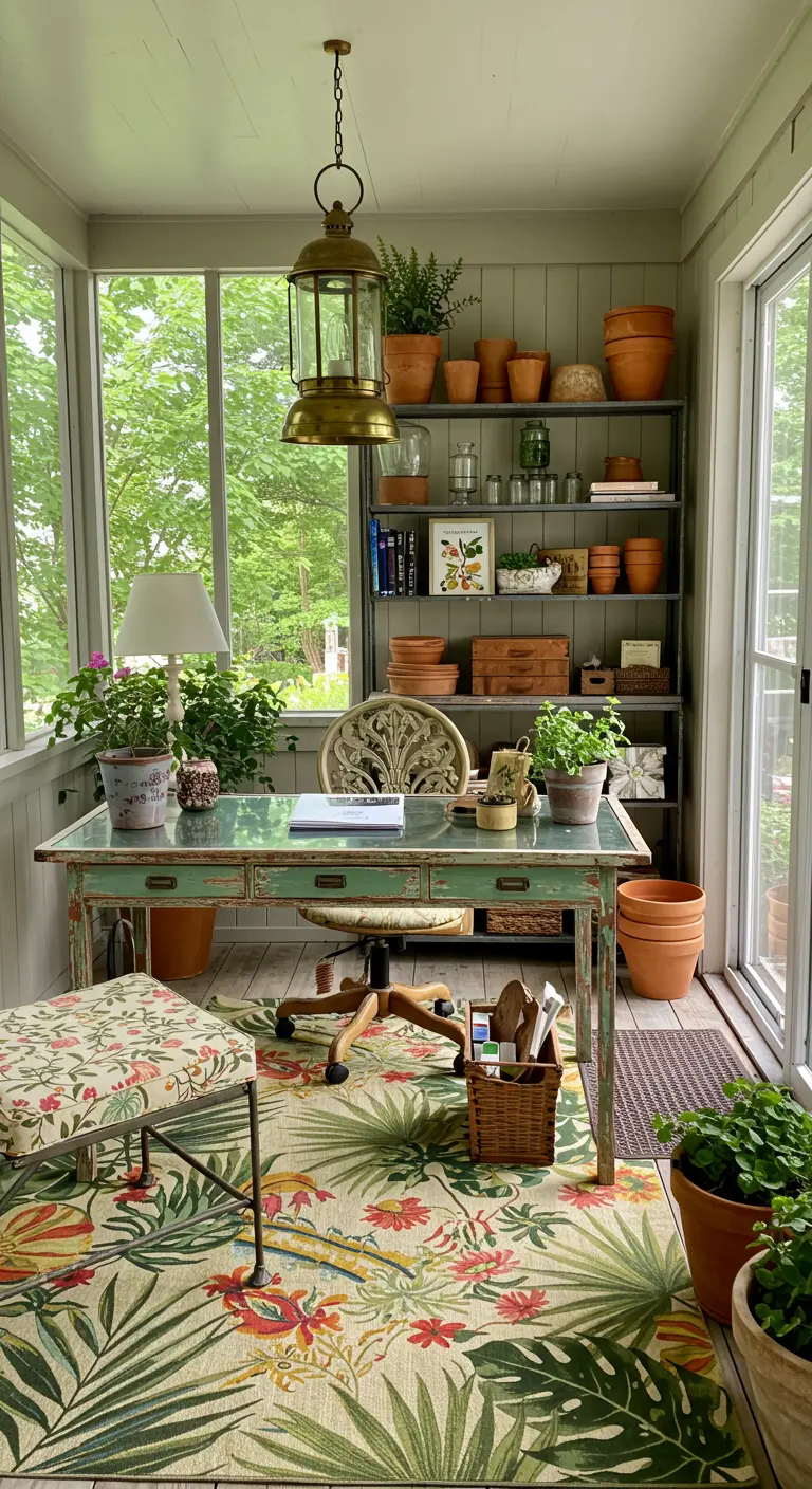 Bureau dans une véranda lumineuse, avec de nombreuses plantes, des pots en terre cuite et un tapis tropical.