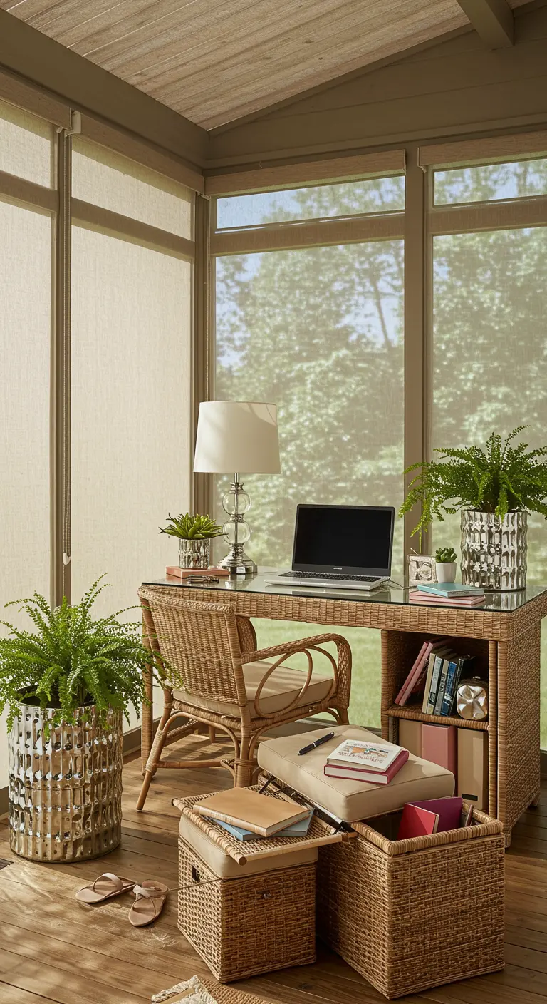 Bureau en rotin dans une véranda lumineuse, entouré de plantes vertes.