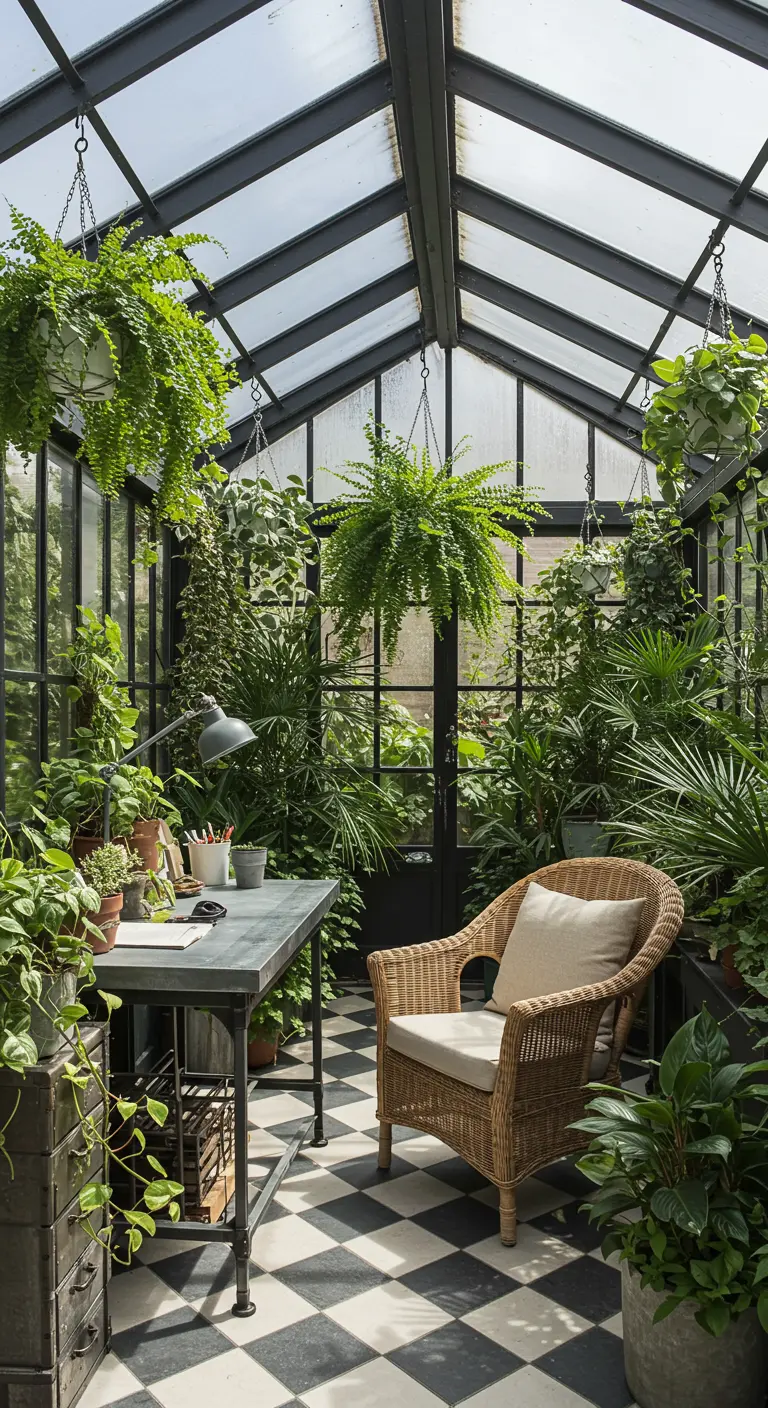 Bureau installé dans une serre remplie de plantes vertes, avec un fauteuil en rotin.