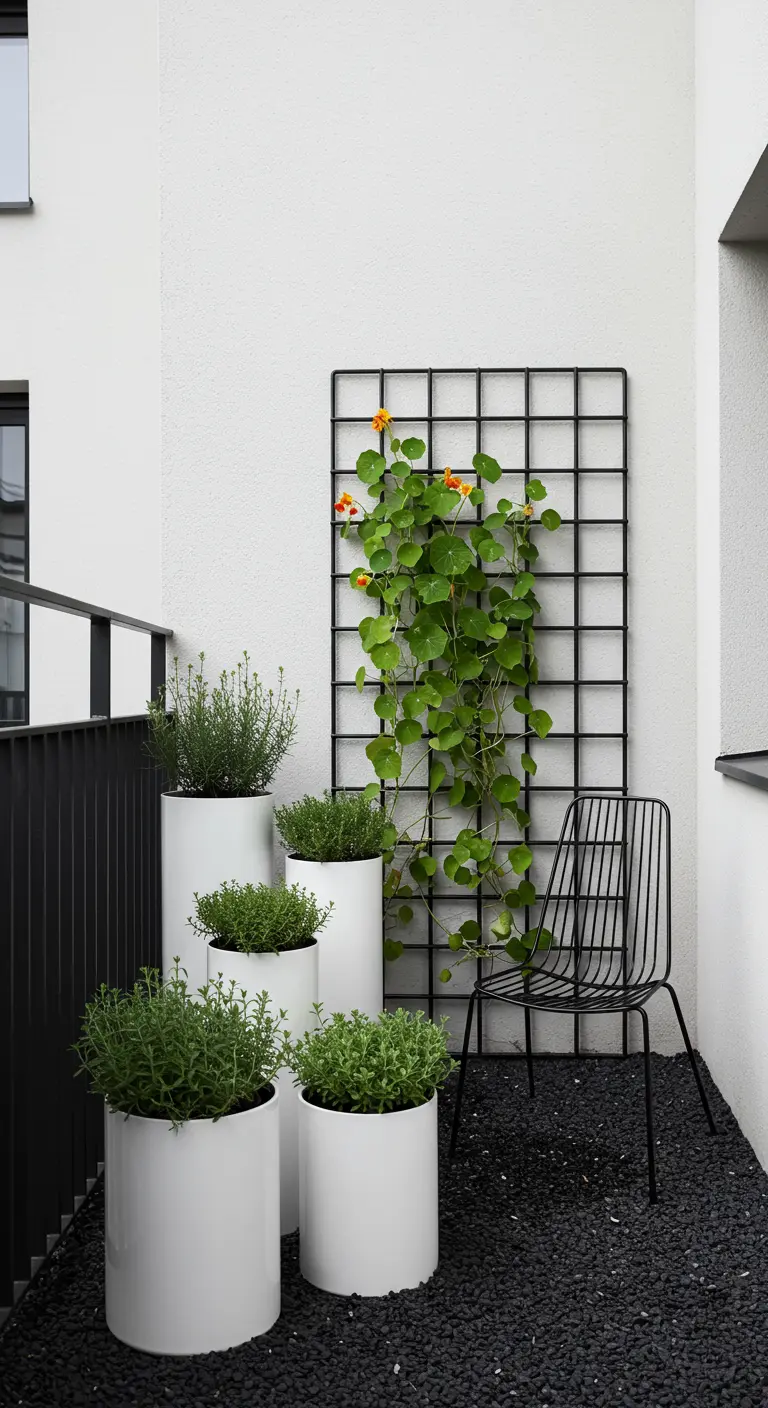 Balcon moderne avec pots cylindriques blancs d'herbes, un treillis noir et un sol en graviers.