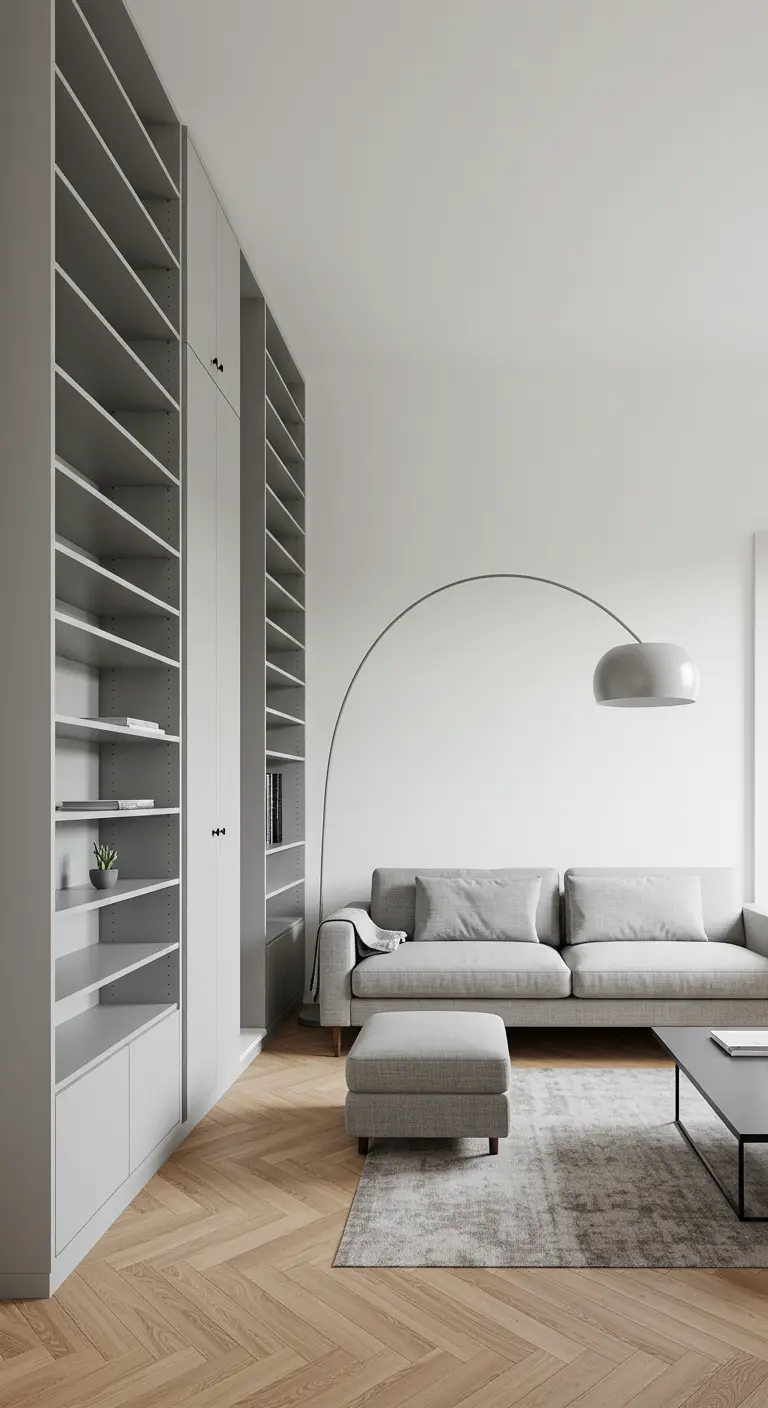 Salon avec bibliothèque toute hauteur, canapé gris et lampadaire arc.