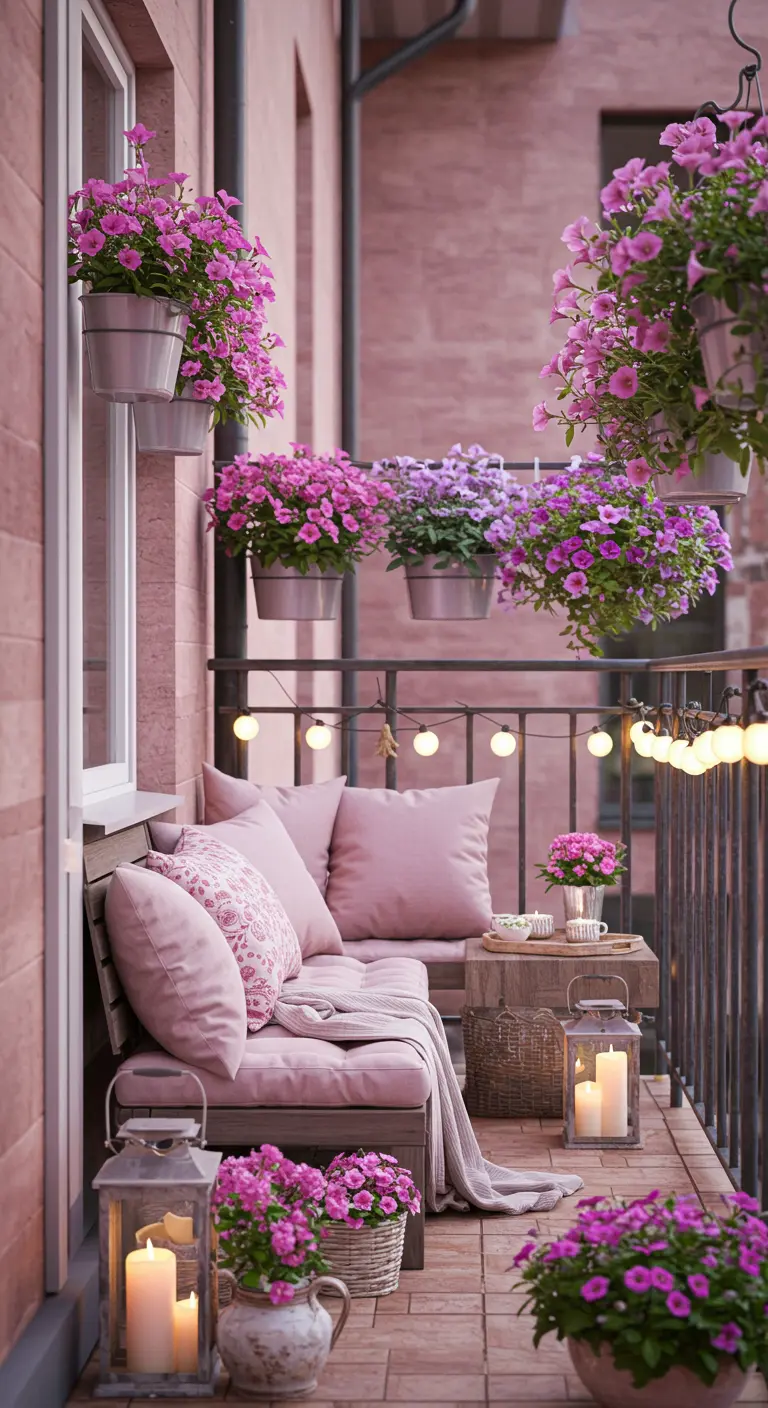 Balcon avec une abondance de fleurs de pétunia roses et des coussins assortis.
