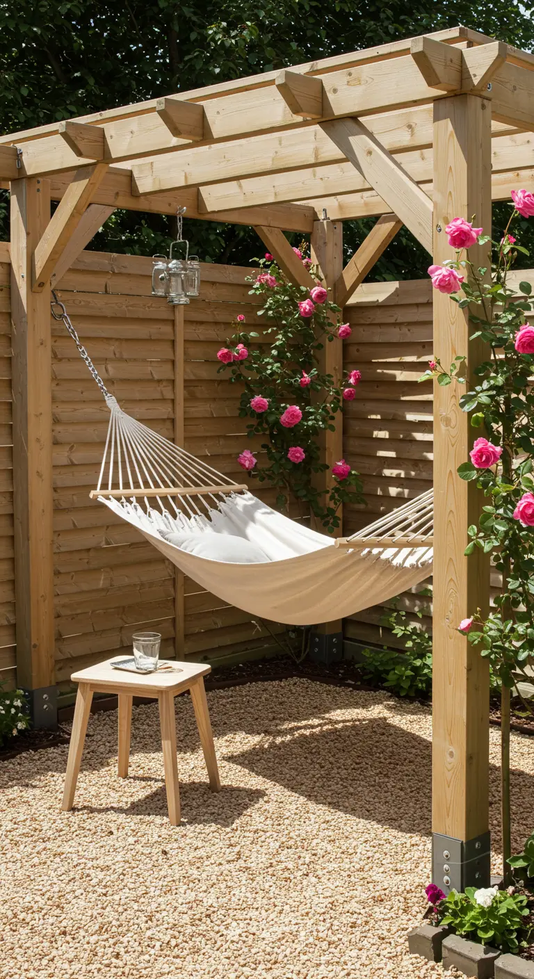 Hamac blanc sous une pergola en bois à côté d'un rosier grimpant en fleurs.