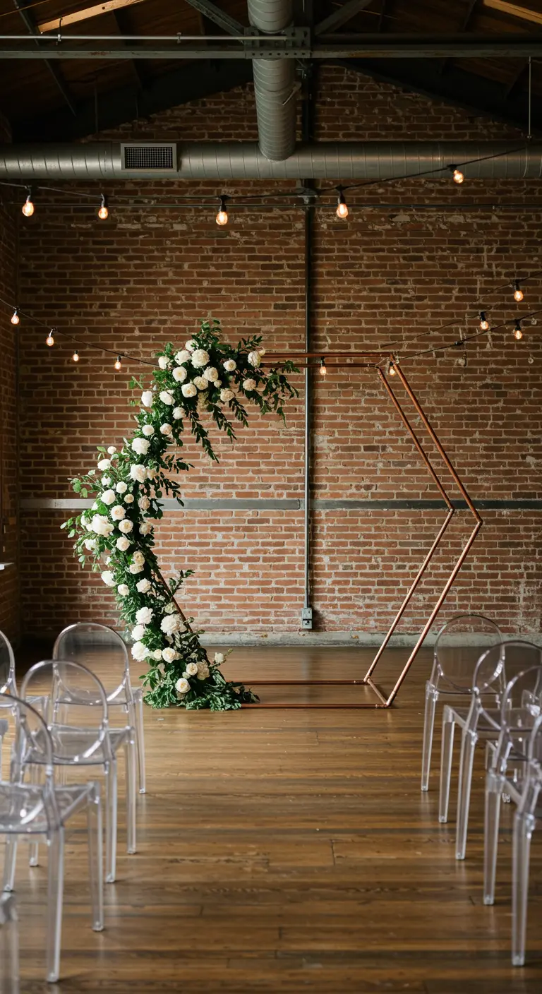 Arche de mariage géométrique en cuivre avec des fleurs blanches, devant un mur de briques.