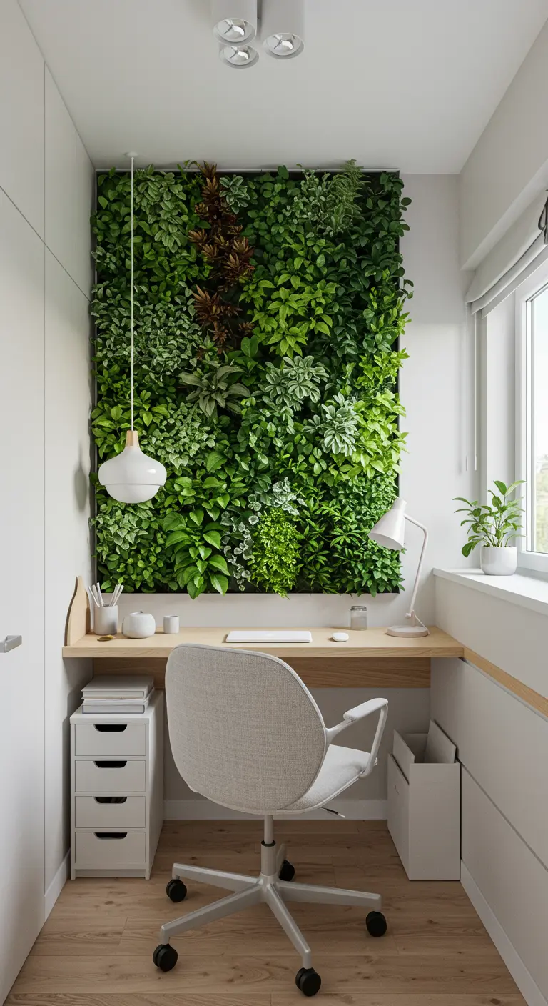 Petit bureau avec un mur végétal luxuriant, un bureau flottant et des rangements blancs.
