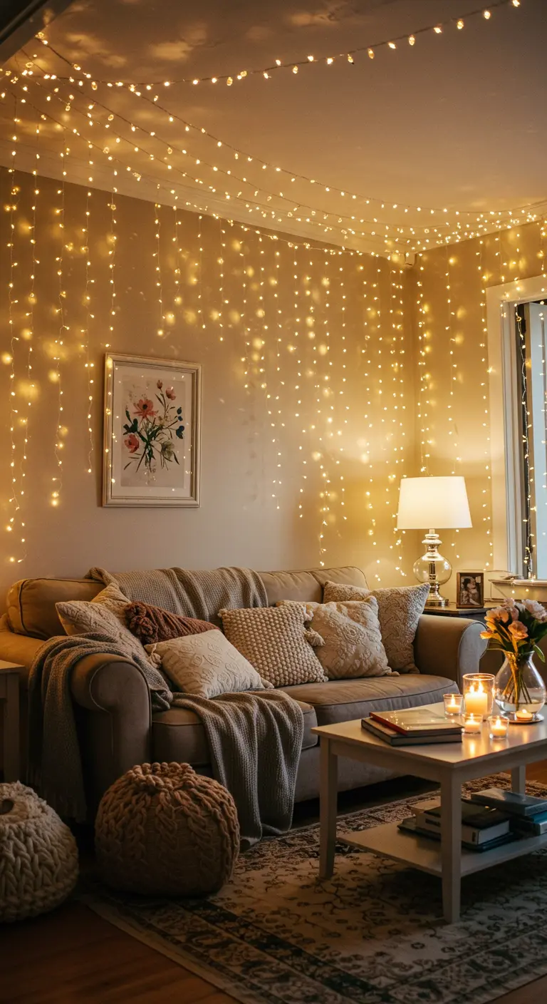 Un salon confortable avec des guirlandes lumineuses drapées au plafond.