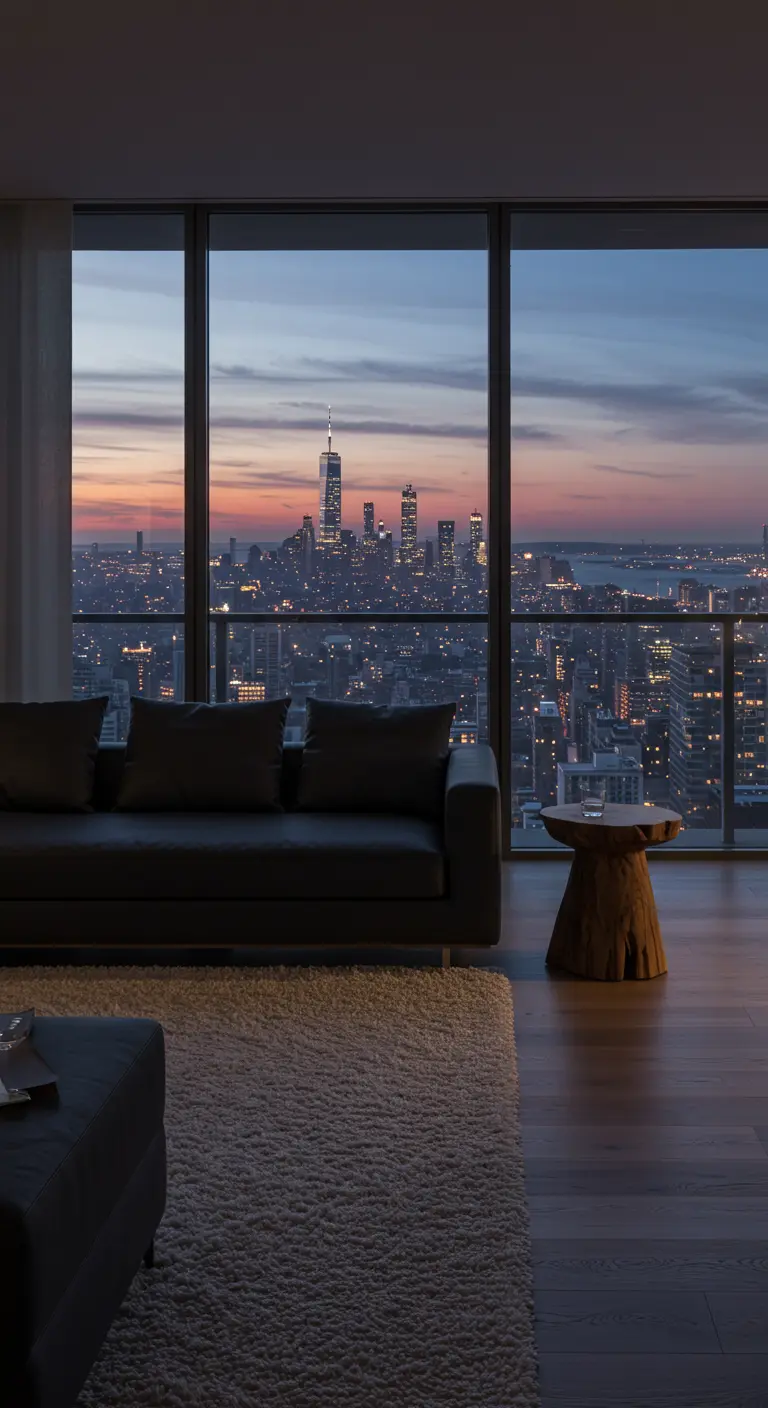 Salon avec canapé noir et vue panoramique sur une ville au coucher du soleil.