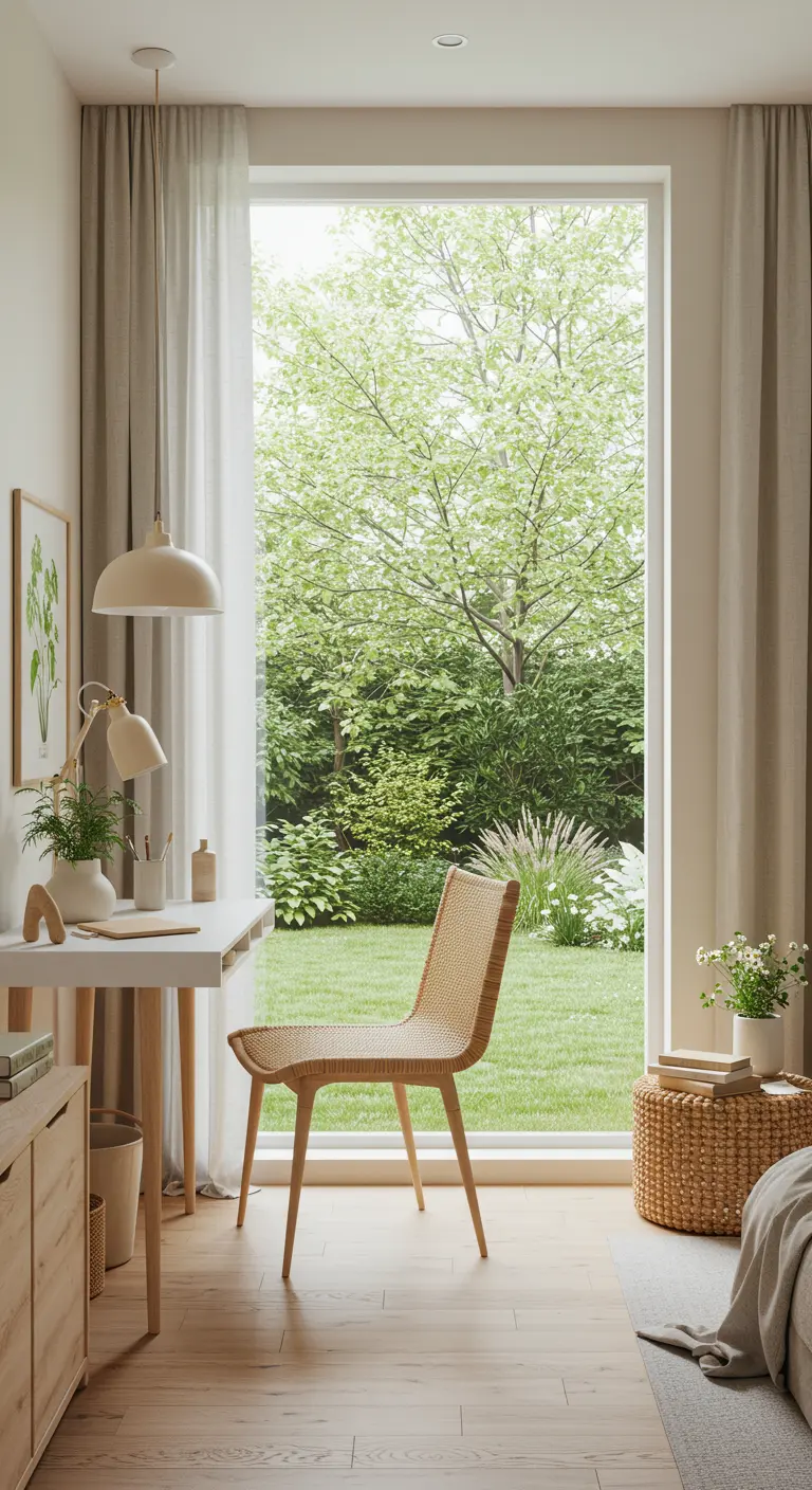 Bureau lumineux avec vue sur un jardin verdoyant, mobilier en bois clair et décoration épurée.