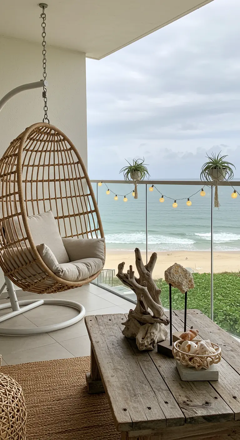 Balcon avec fauteuil suspendu, vue sur mer, table basse en bois flotté et guirlandes lumineuses.
