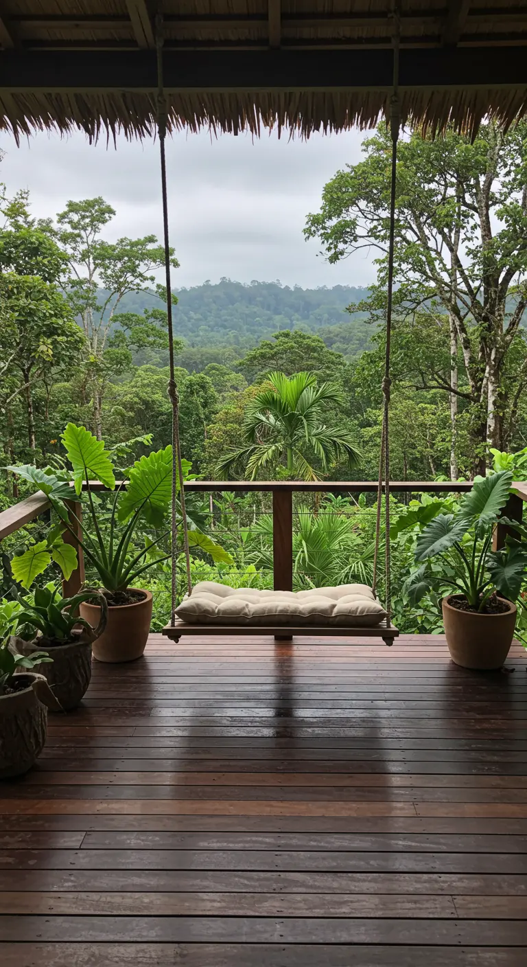 Banc balançoire en bois sur un pont en bois avec vue sur la jungle luxuriante.