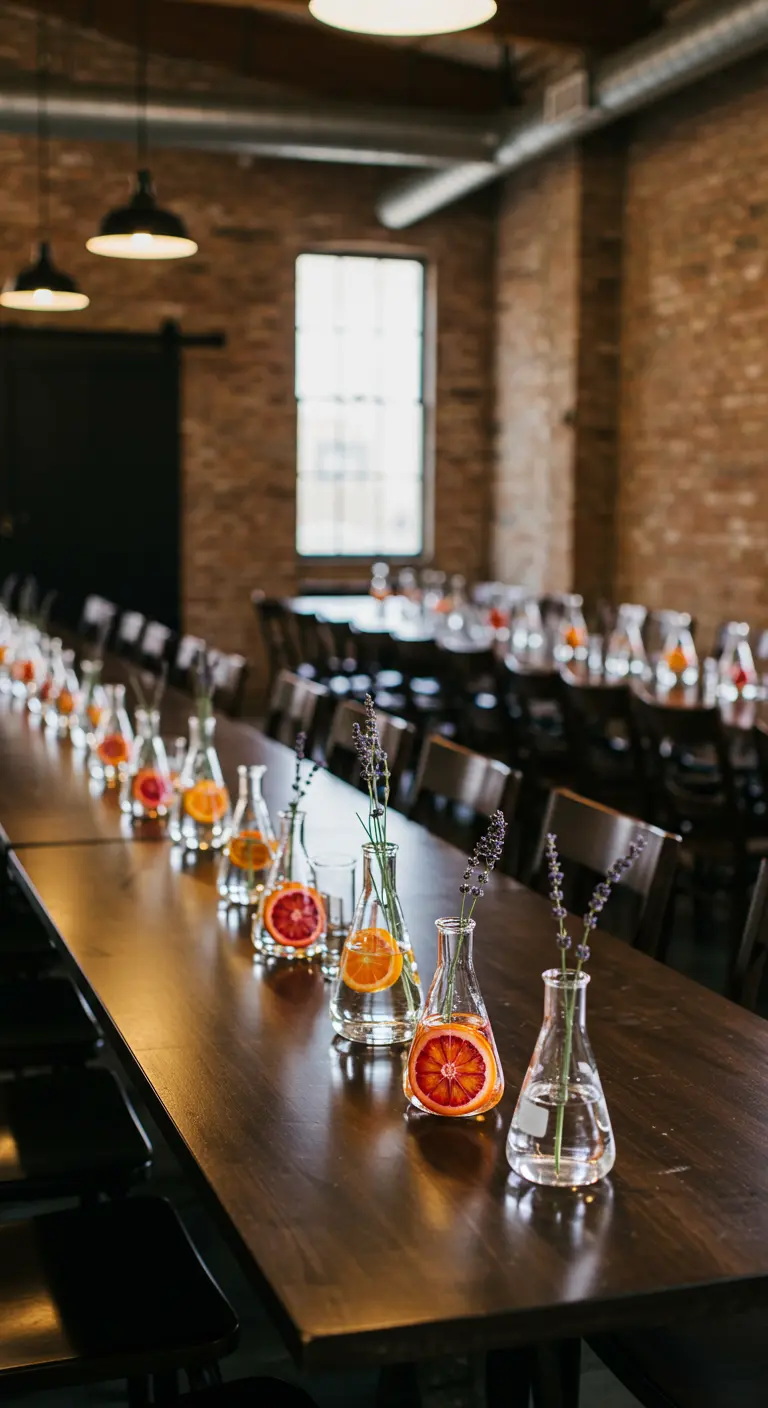 Longue table en bois avec une rangée de béchers contenant agrumes et lavande.