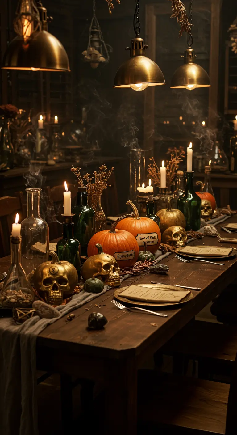 Table rustique d'Halloween avec bouteilles en verre, citrouilles, crânes dorés et bougies