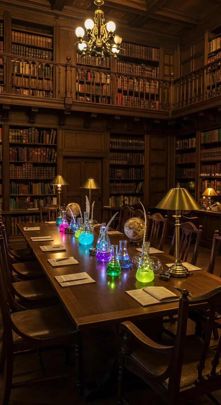 Longue table de bibliothèque avec des fioles en verre illuminées de couleurs vives, ambiance laboratoire.