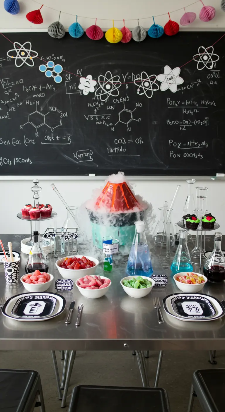 Table de fête thème science avec gâteau volcan, béchers et formules au tableau.