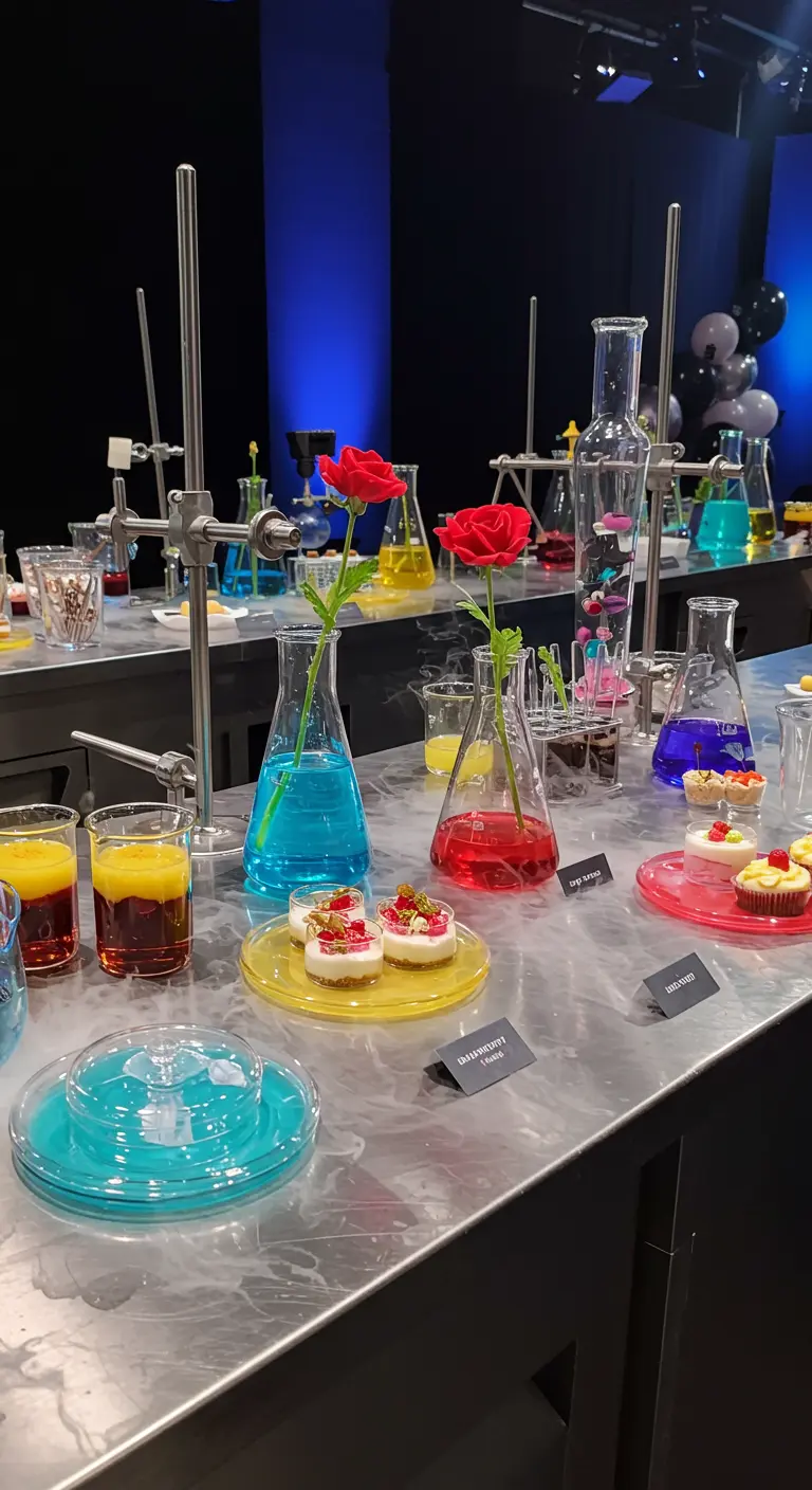 Buffet thème laboratoire de chimie avec des béchers, des fioles et des roses.