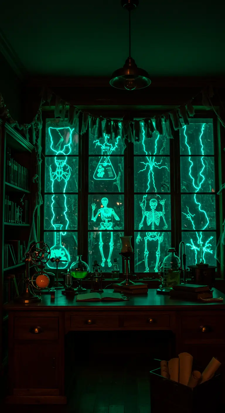 Fenêtre d'un laboratoire décorée de néons verts en forme de squelettes, éclairs et éprouvettes.