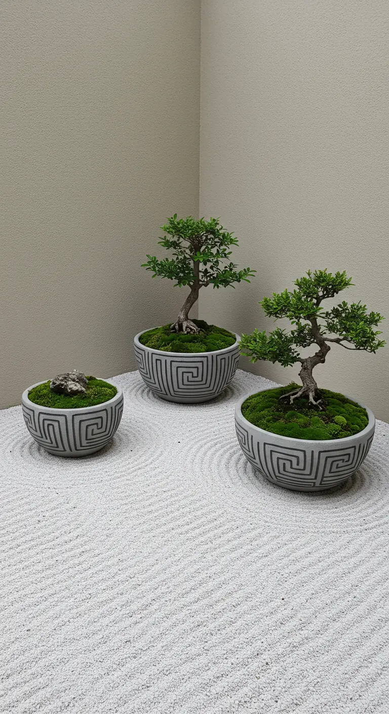 Pots de bonsaï gris avec un motif de labyrinthe grec noir.