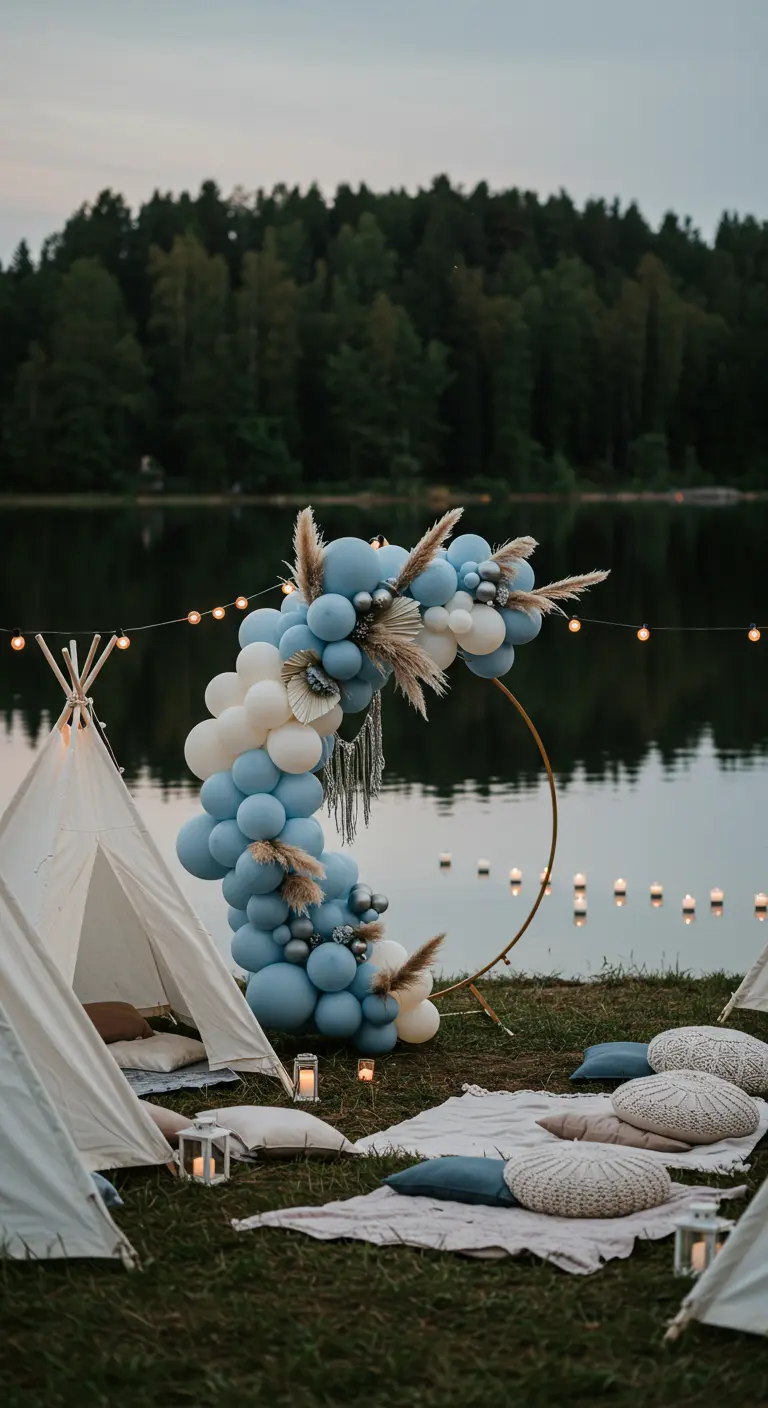 Arche de ballons bleus et blancs au bord d'un lac avec des tipis et bougies flottantes.