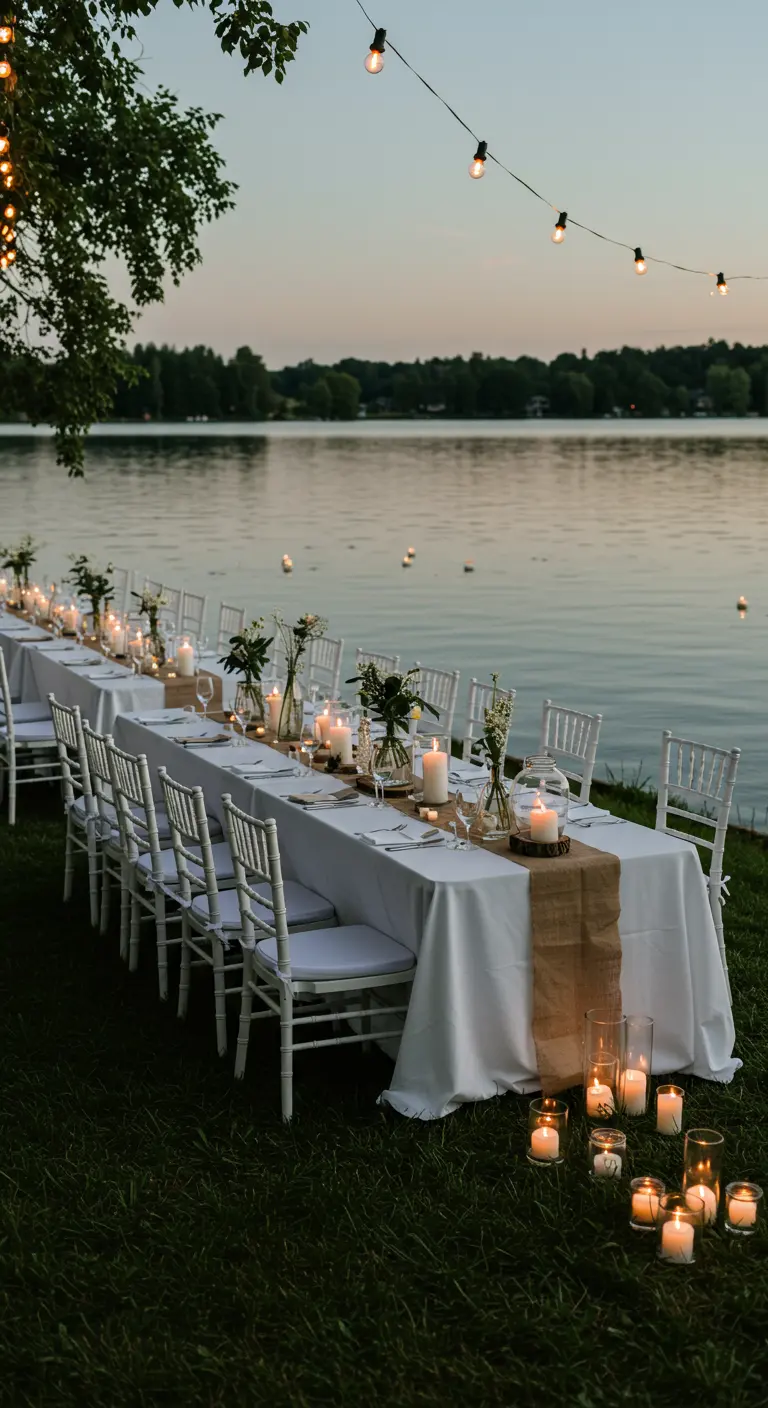 Longue table blanche au bord d'un lac, décorée de bougies et de feuillages, avec des guirlandes lumineuses.