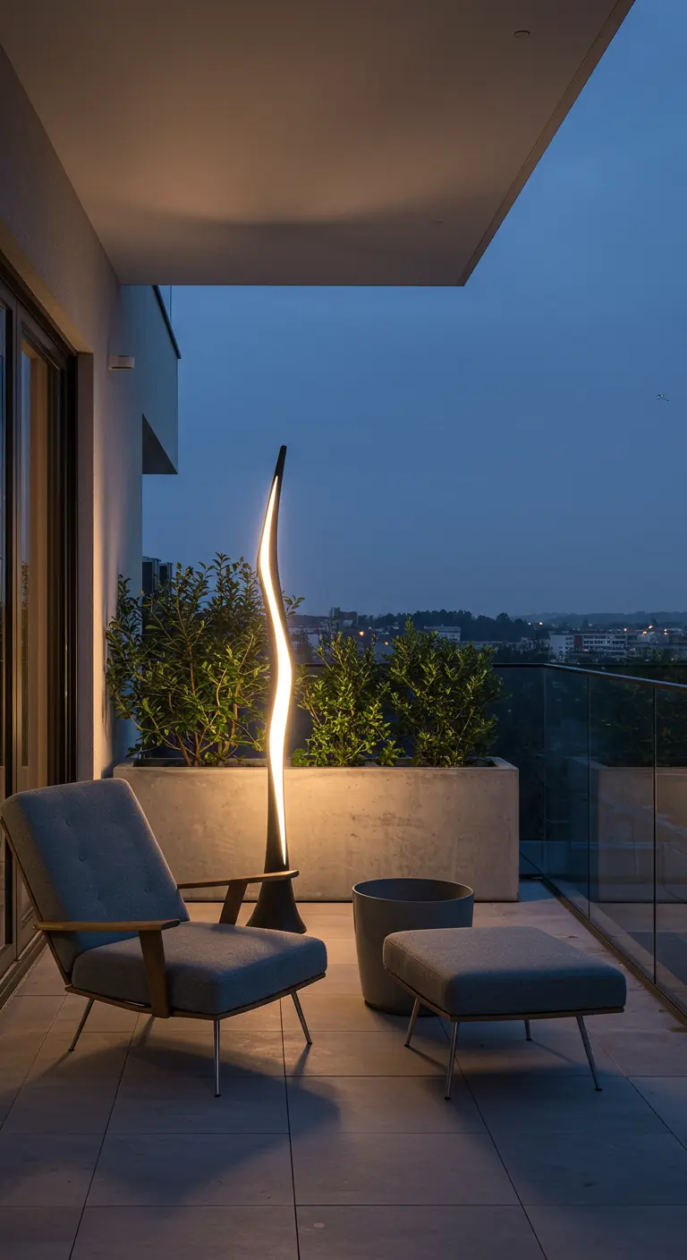 Balcon moderne avec une lampe sur pied design et sculpturale, un fauteuil et des plantes en pots.