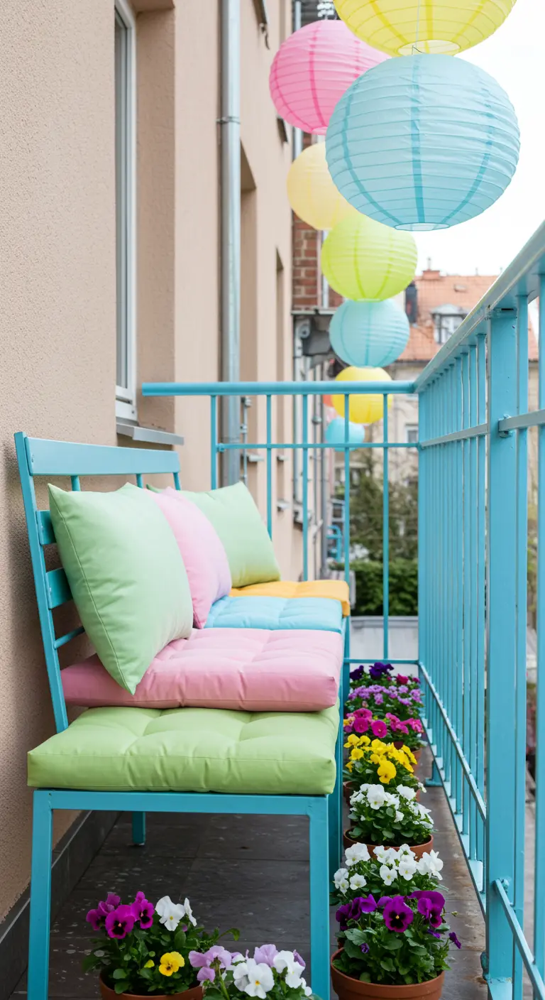 Banc turquoise sur un balcon décoré de lampions en papier colorés et de jardinières de pensées.