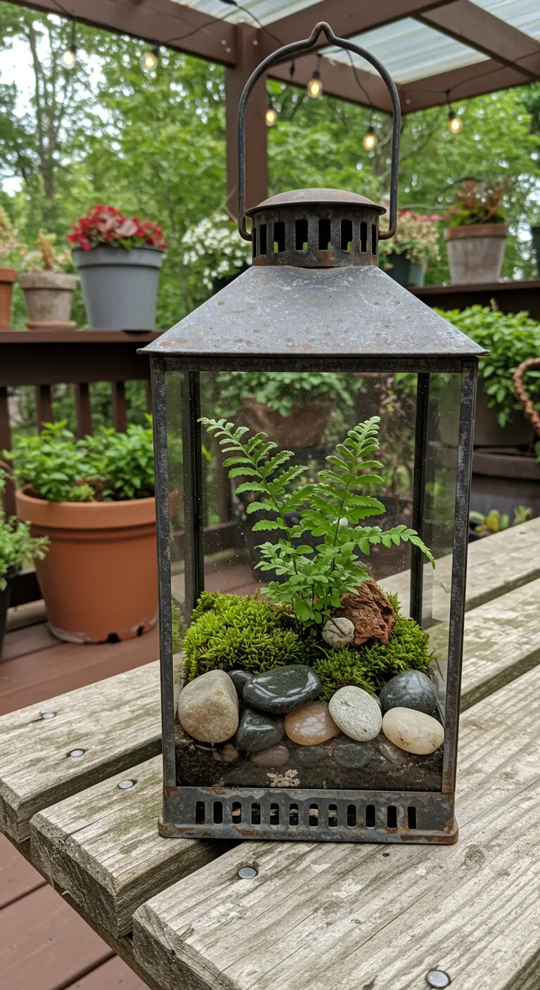 Ancienne lanterne métallique transformée en terrarium avec fougère, mousse et galets sur une table de terrasse en bois.