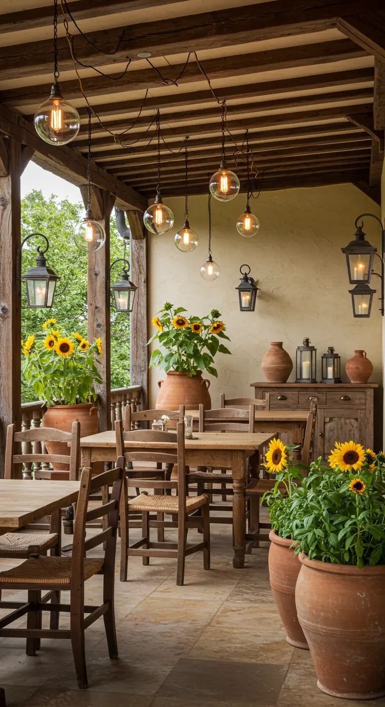 Terrasse rustique avec des lanternes suspendues et des pots de tournesols, mobilier en bois.
