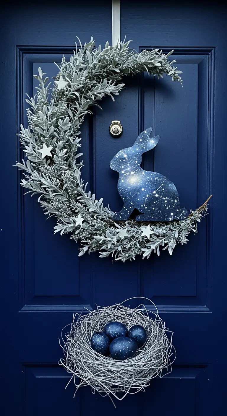 Couronne en forme de lune avec un lapin peint en galaxie.