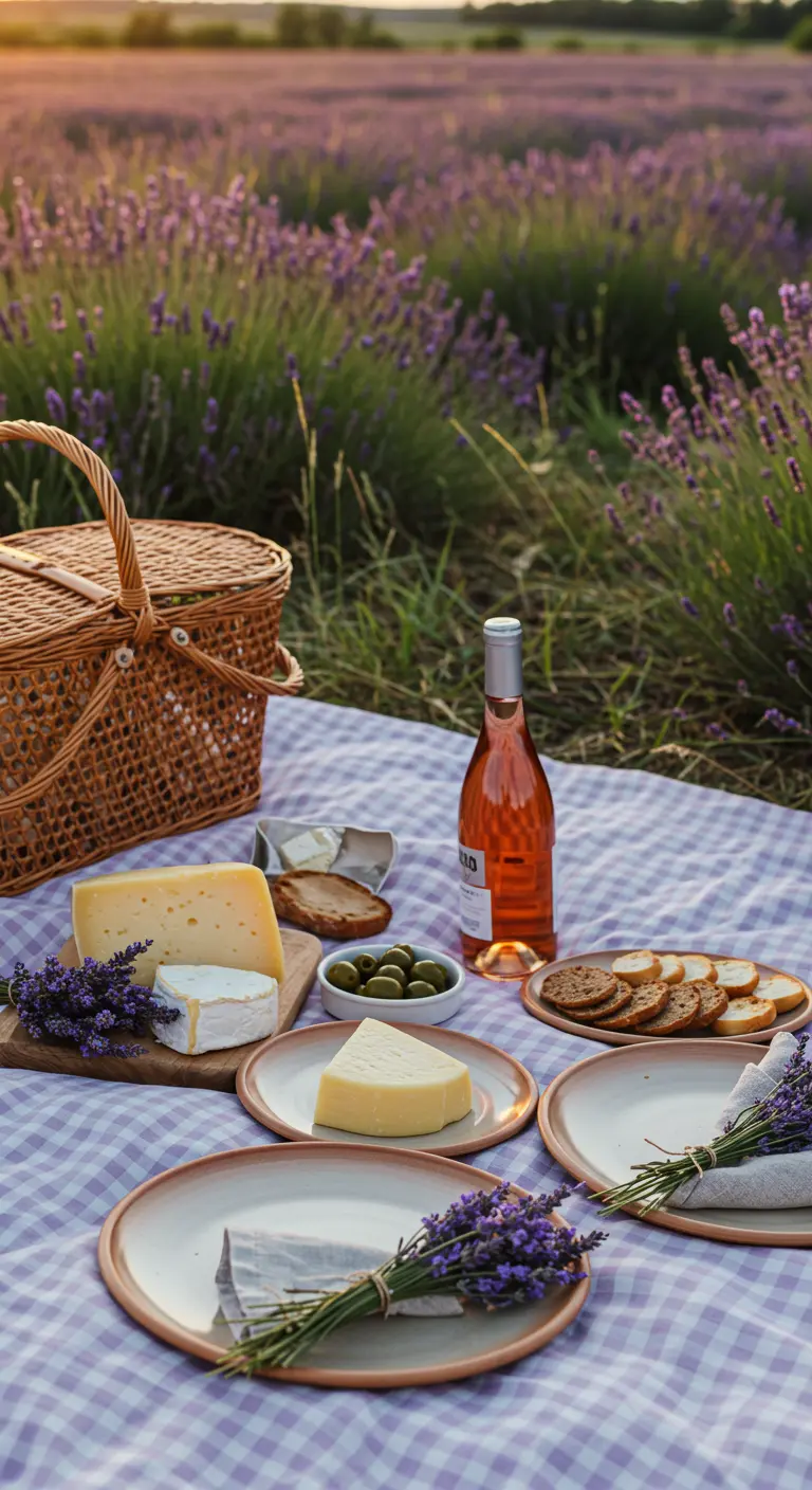Pique-nique dans un champ de lavande avec du fromage, du rosé et des brins de lavande.