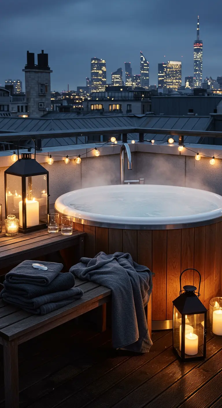 Jacuzzi sur un toit-terrasse la nuit, entouré de lanternes et de guirlandes.