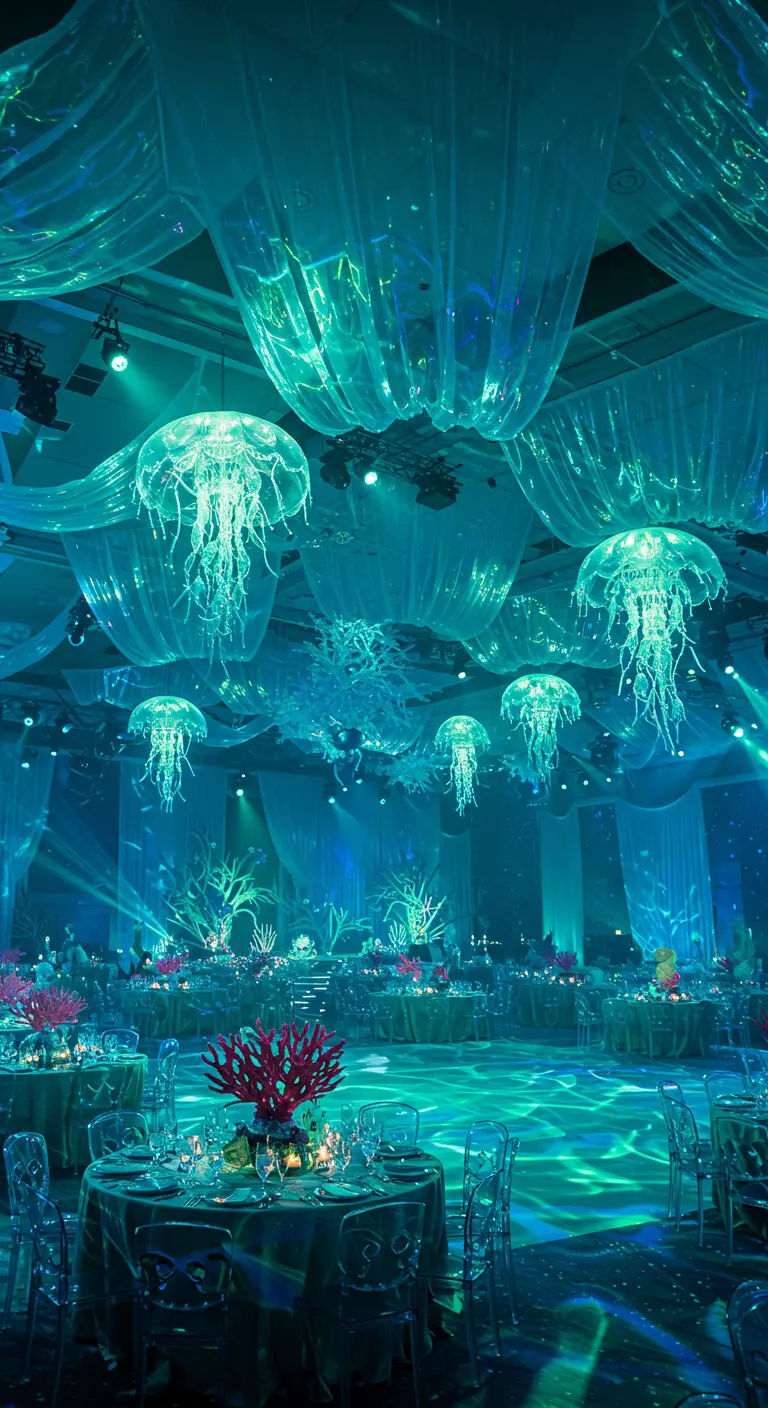 Salle de bal décorée sur le thème sous-marin avec des méduses lumineuses suspendues.