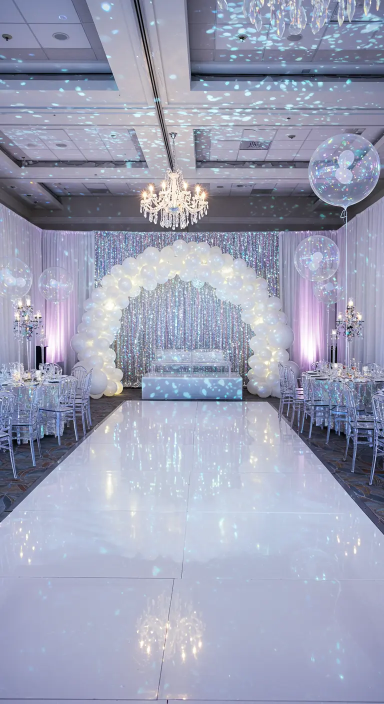 Salle de bal élégante en blanc et argent, avec rideaux scintillants, arche de ballons et piste lumineuse.