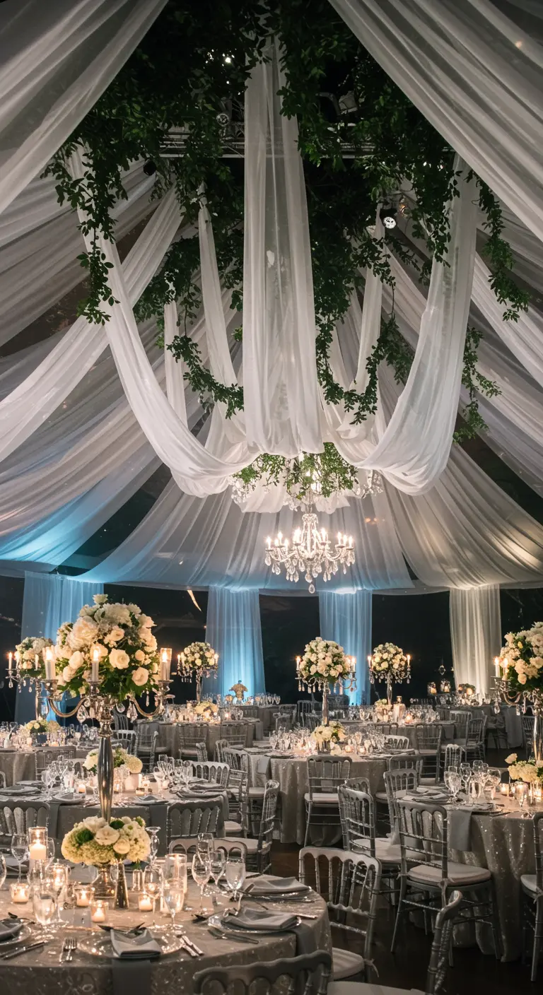 Salle de réception élégante avec des drapés de tissu blanc et du lierre suspendus au plafond.