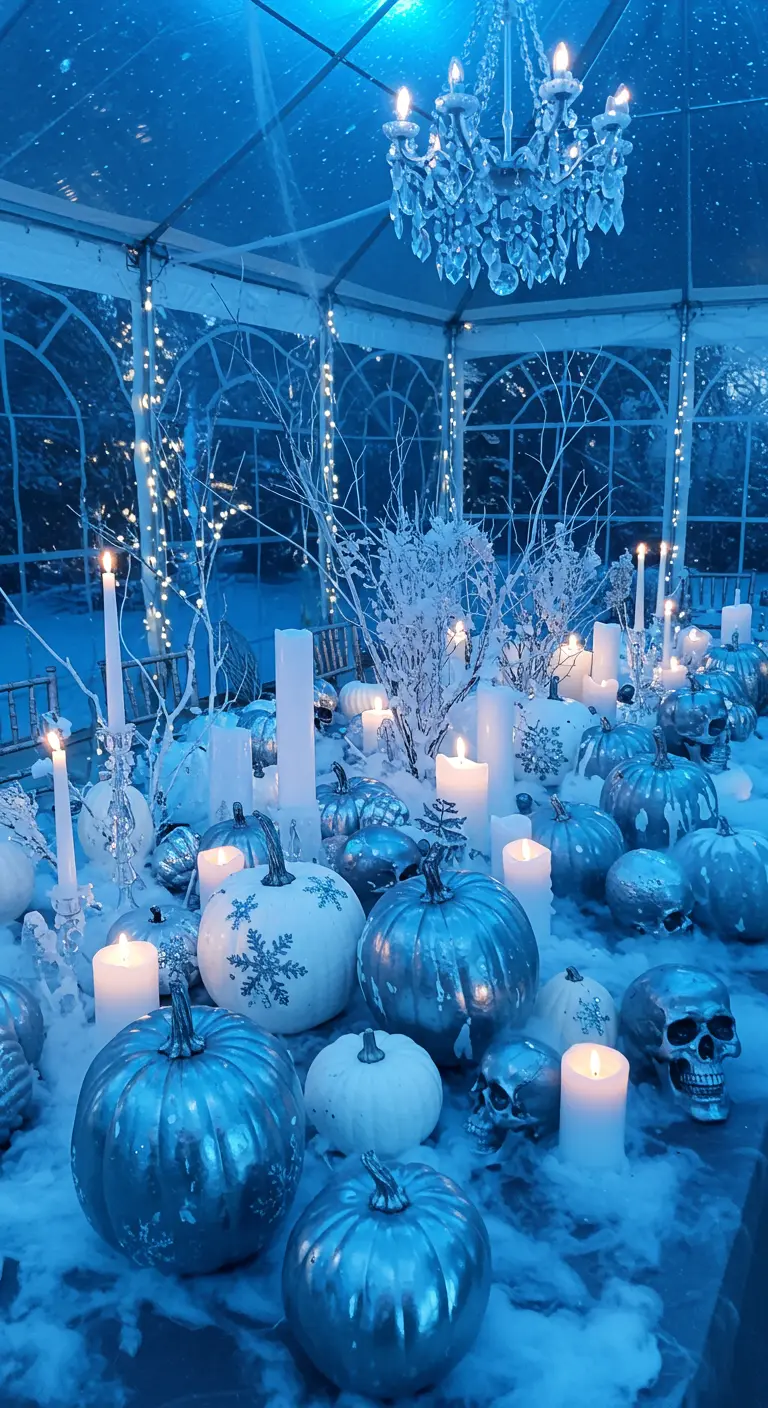 Table d'Halloween 'Bal des Glaces' avec citrouilles bleues et argentées, crânes et fausse neige
