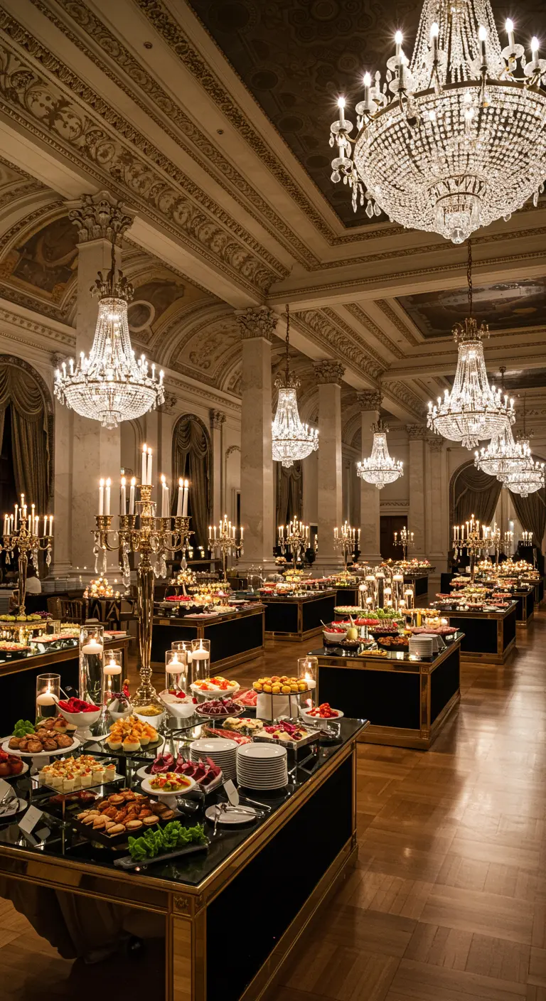 Somptueux buffet dans une salle de bal, lustres, candélabres dorés, plateaux élégants.