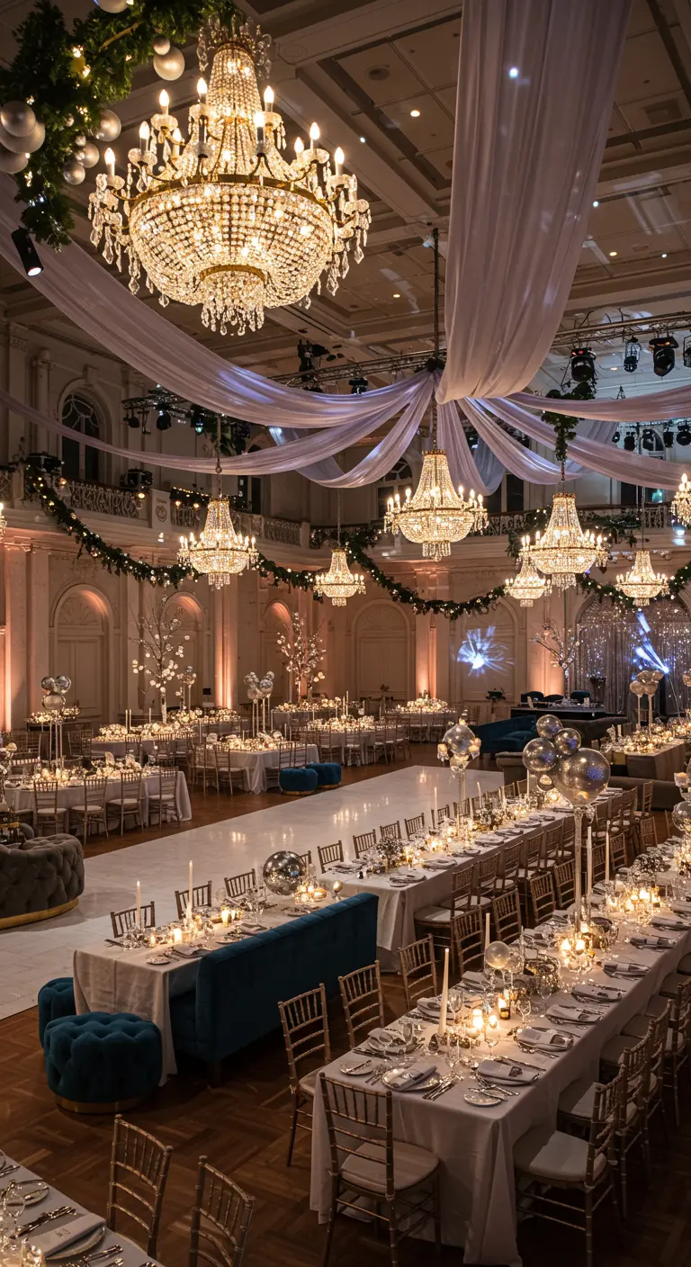 Grand salon de réception décoré pour le Nouvel An avec lustres, tables dressées et voilages blancs.
