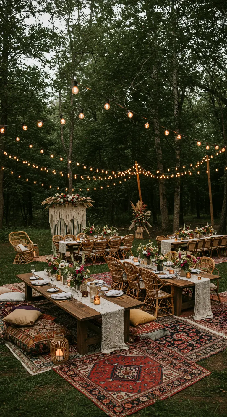 Réception de mariage bohème en extérieur avec tables basses, coussins, tapis orientaux et guirlandes lumineuses.