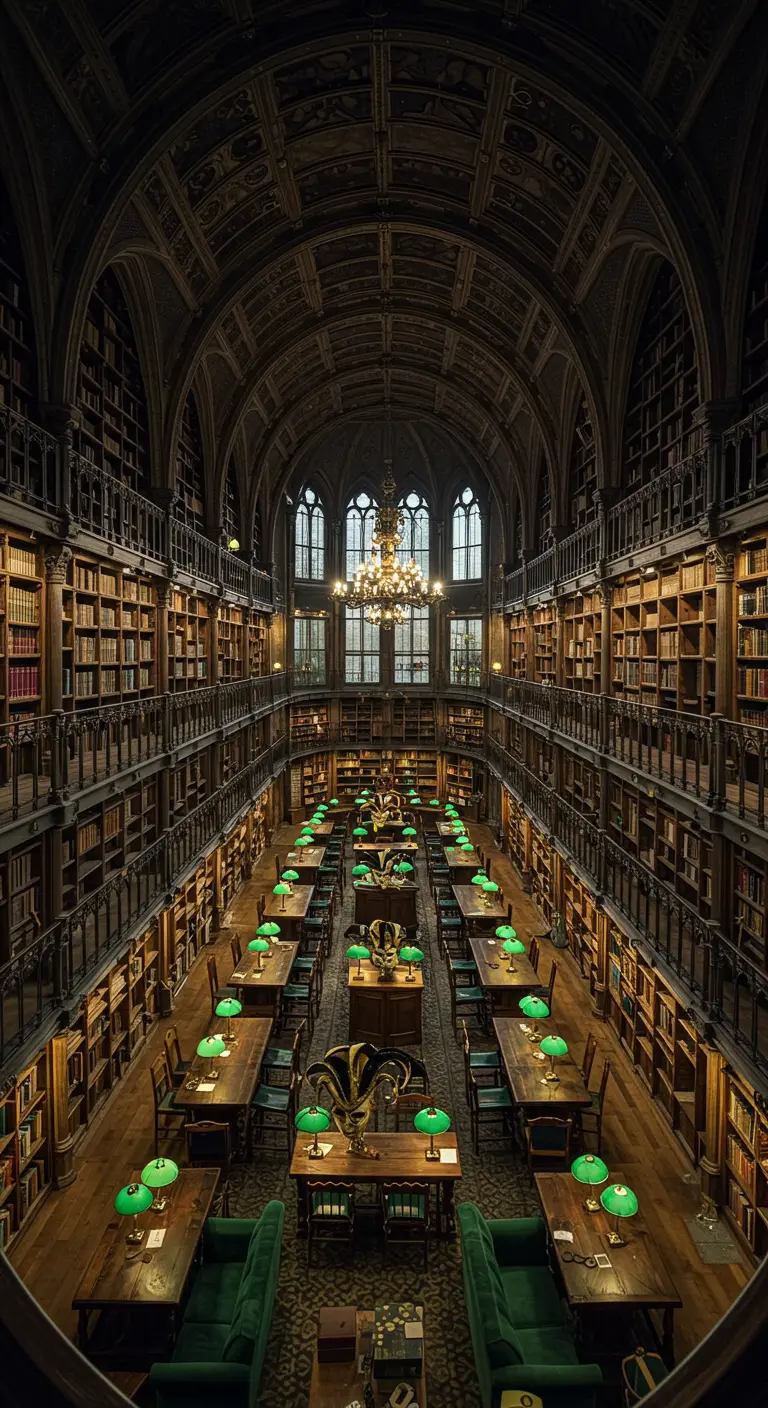 Grande bibliothèque historique transformée en salle de réception.